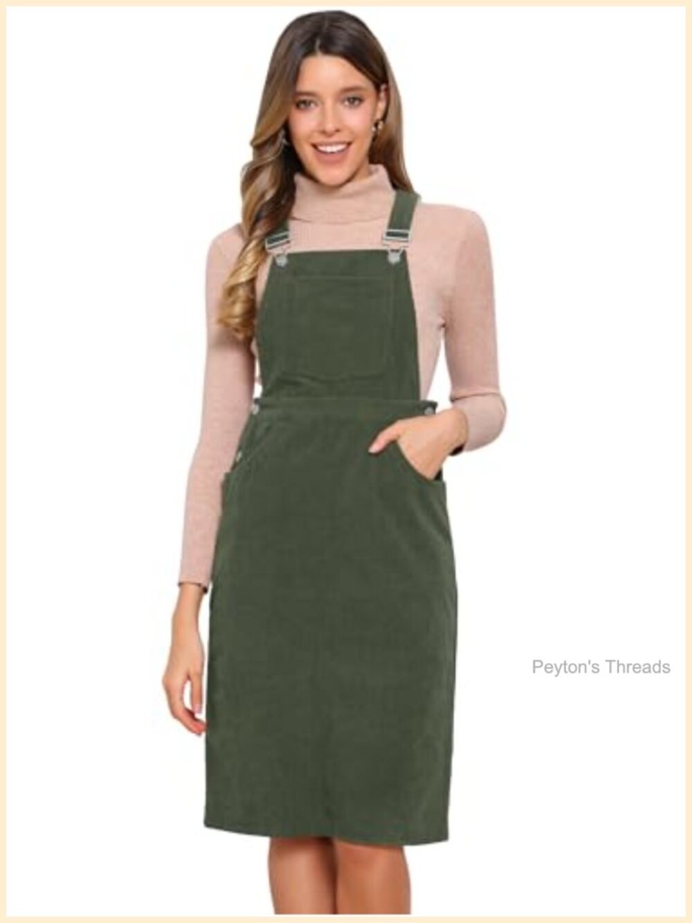 Corduroy Overall Dress for Women Midi Length Adjustable Straps Pockets Square